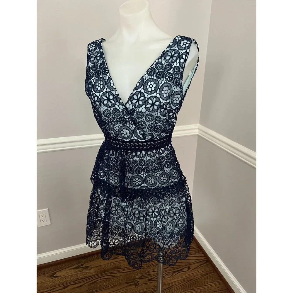 SELF-PORTRAIT Guipure Lace V Neck Fit Flare Sleeveless Mini Dress Blue Size 2 - Picture 4 of 5